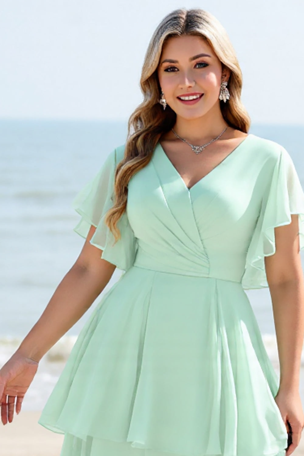 Mint A Line Tiered Short Sleeves Long Bridesmaid Dress