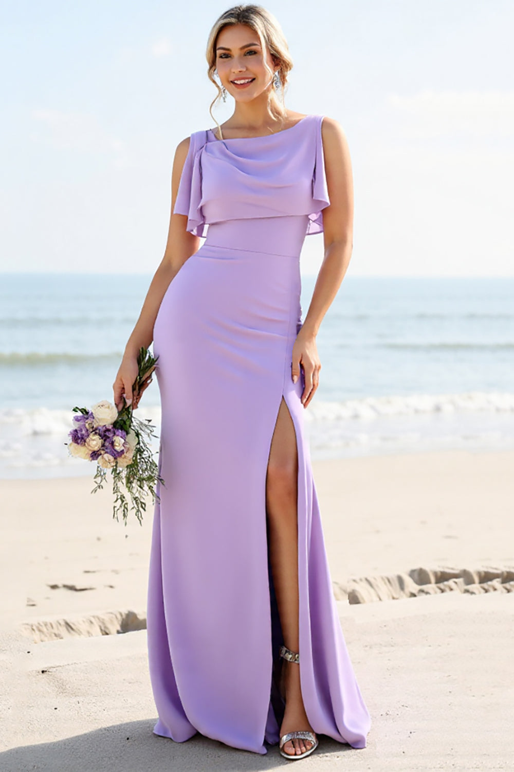 Lilac Chiffon Mermaid Spaghetti Straps Long Bridesmaid Dress with Slit