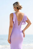 Lilac Chiffon Mermaid Spaghetti Straps Long Bridesmaid Dress with Slit