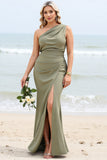 Olive Mermaid One Shoulder Long Bridesmaid Dress with Slit
