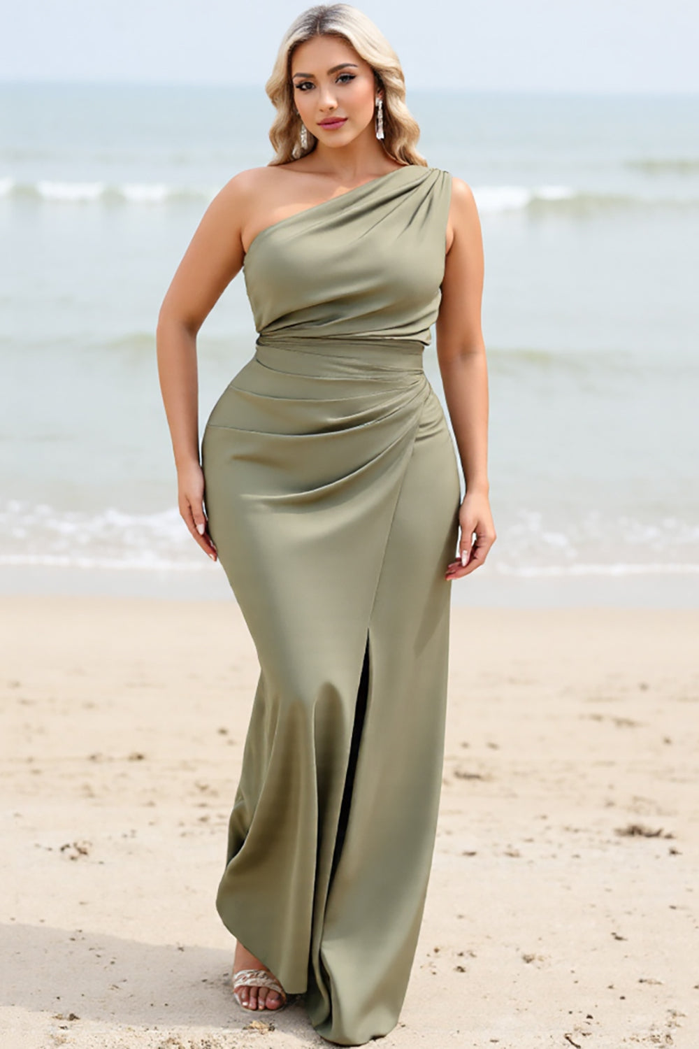 Olive Mermaid One Shoulder Long Bridesmaid Dress with Slit