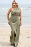 Olive Mermaid One Shoulder Long Bridesmaid Dress with Slit