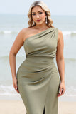 Olive Mermaid One Shoulder Long Bridesmaid Dress with Slit