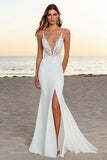 Ivory Sweep Train Spaghetti Straps Mermaid Boho Wedding Dress with Slit