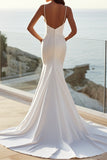 Simple Ivory Satin Sweep Train Spaghetti Straps Mermaid Wedding Dress