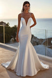Simple Ivory Satin Sweep Train Spaghetti Straps Mermaid Wedding Dress