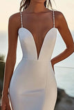 Simple Ivory Satin Sweep Train Spaghetti Straps Mermaid Wedding Dress