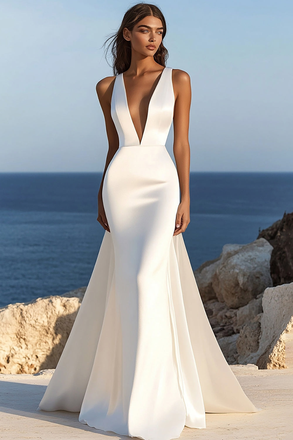 Simple Ivory Satin Sweep Train V Neck Mermaid Wedding Dress