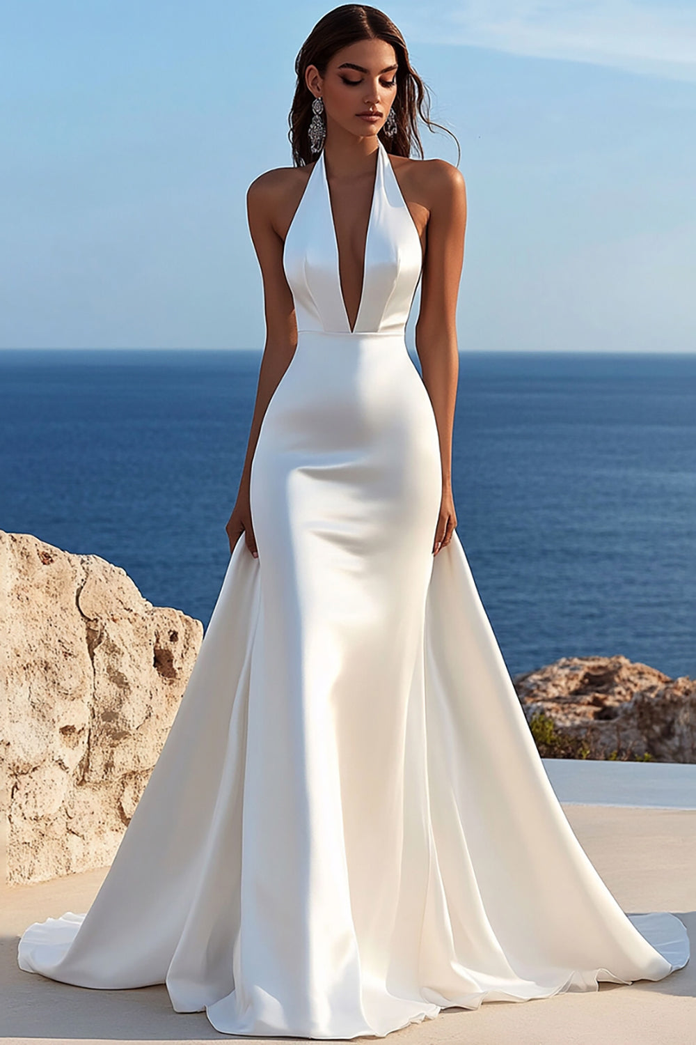Simple Ivory Satin Sweep Train Halter Mermaid Wedding Dress