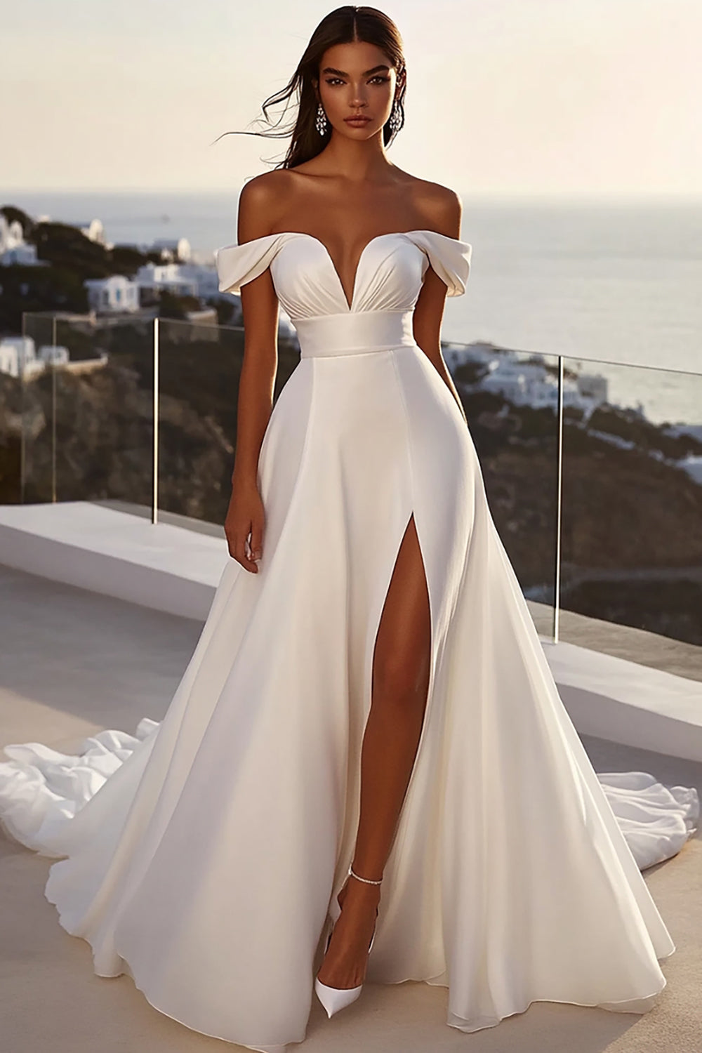 Ivory Satin Sweep Train Off the Shoulder A Line Wedding Dress with Slit