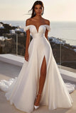 Ivory Satin Sweep Train Off the Shoulder A Line Wedding Dress with Slit