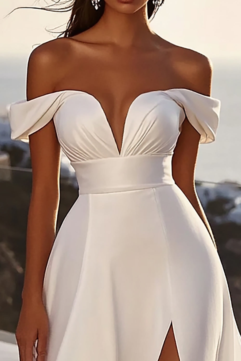Ivory Satin Sweep Train Off the Shoulder A Line Wedding Dress with Slit