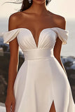 Ivory Satin Sweep Train Off the Shoulder A Line Wedding Dress with Slit