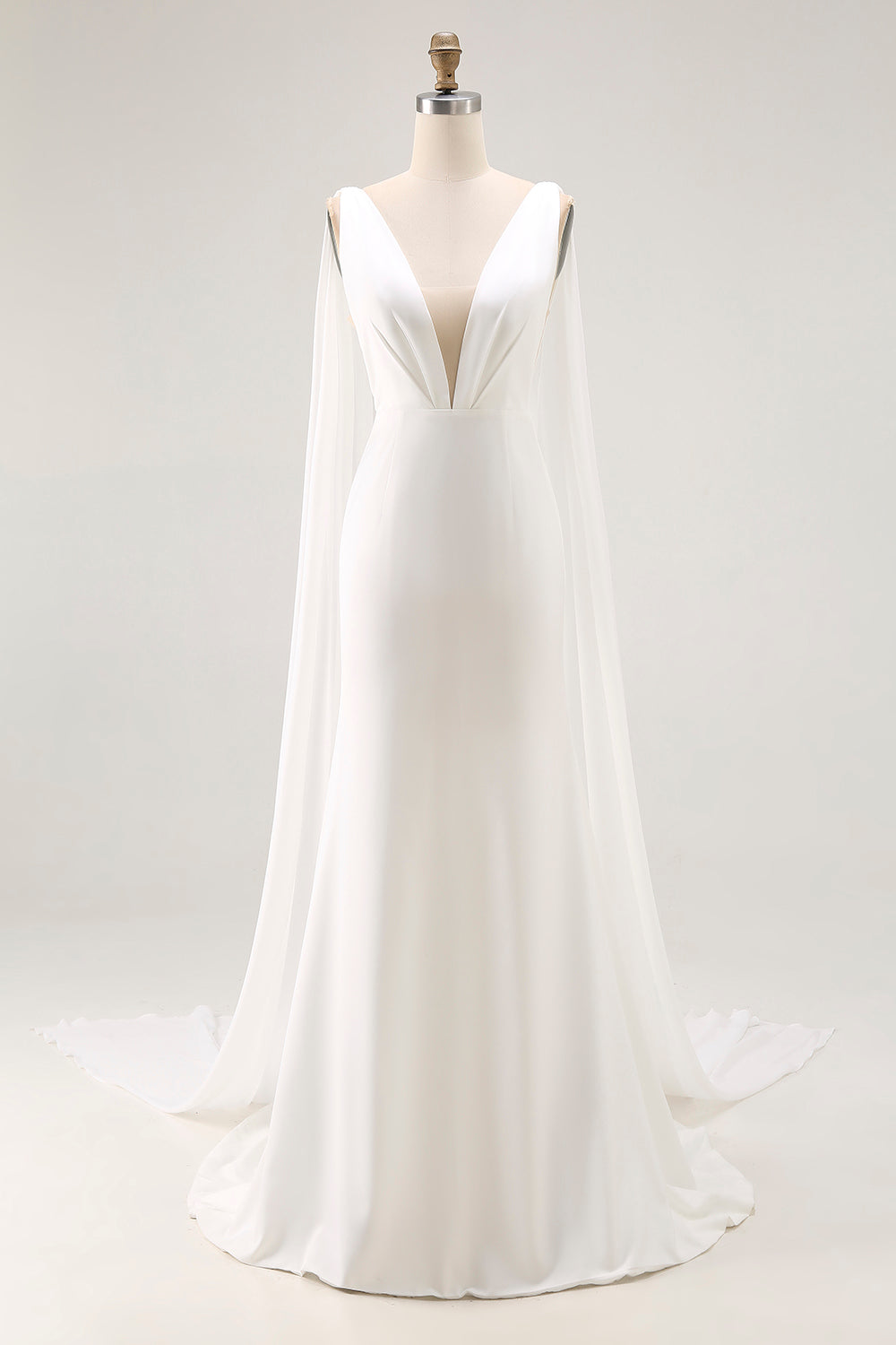 Simple Ivory Satin Watteau Train V Neck Mermaid Wedding Dress