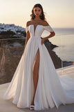 Ivory Chiffon Sweep Train A Line Off the Shoulder Boho Wedding Dress with Slit