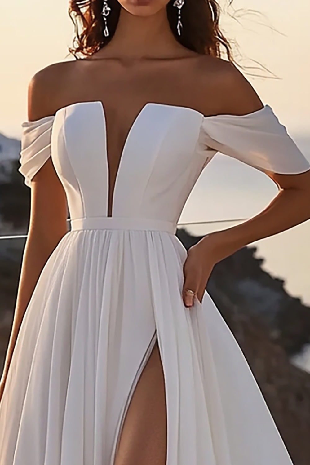 Ivory Chiffon Sweep Train A Line Off the Shoulder Boho Wedding Dress with Slit