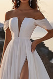 Ivory Chiffon Sweep Train A Line Off the Shoulder Boho Wedding Dress with Slit