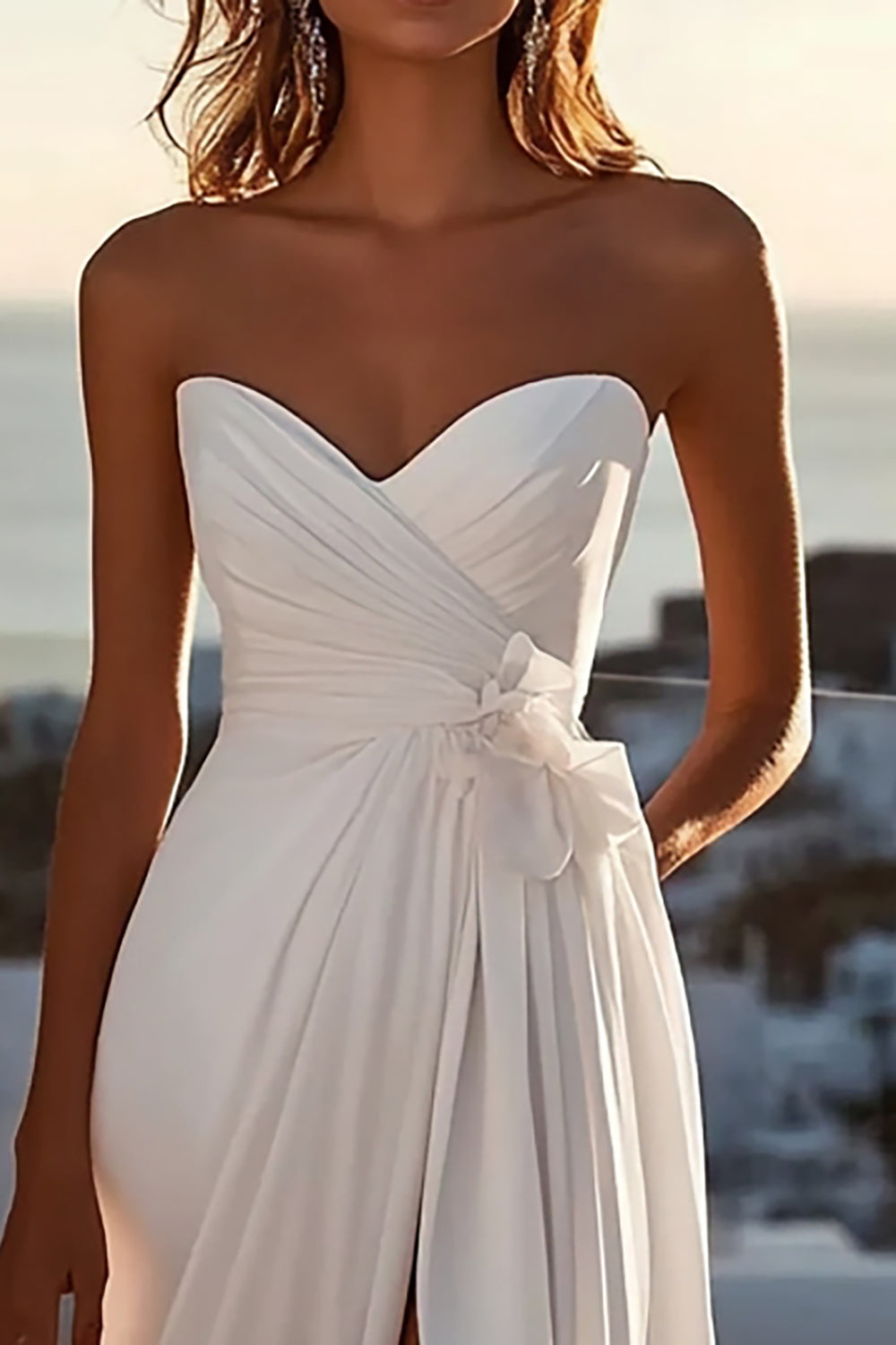 Ivory Chiffon Sweep Train A Line Strapless Boho Wedding Dress with Slit