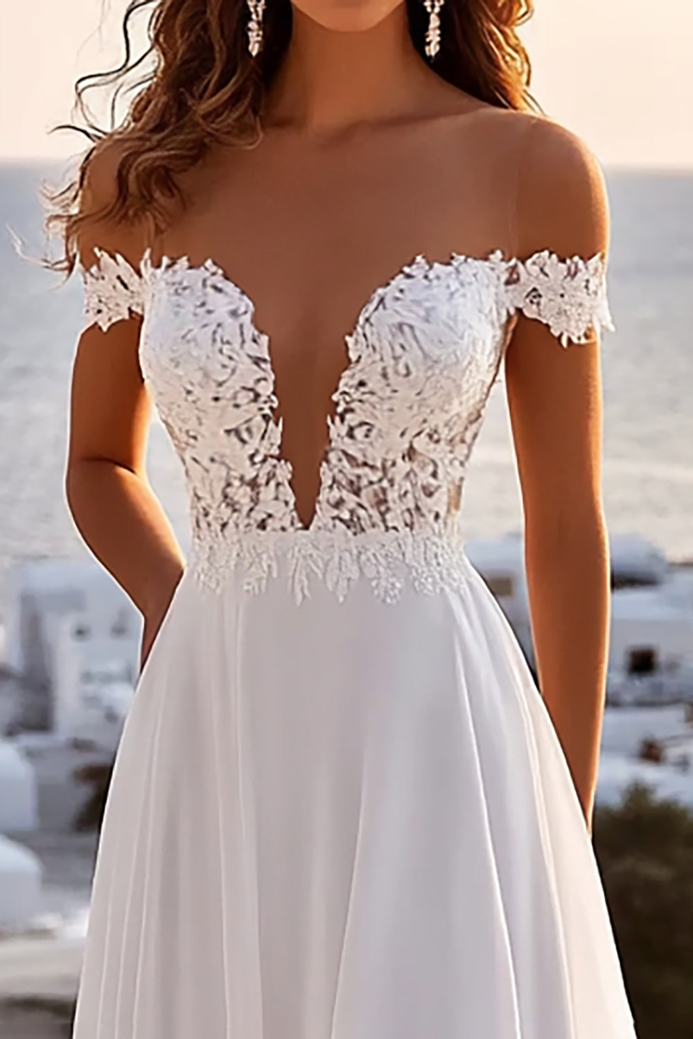 Ivory Chiffon Sweep Train Off the Shoulder A Line Boho Wedding Dress with lace