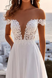 Ivory Chiffon Sweep Train Off the Shoulder A Line Boho Wedding Dress with lace