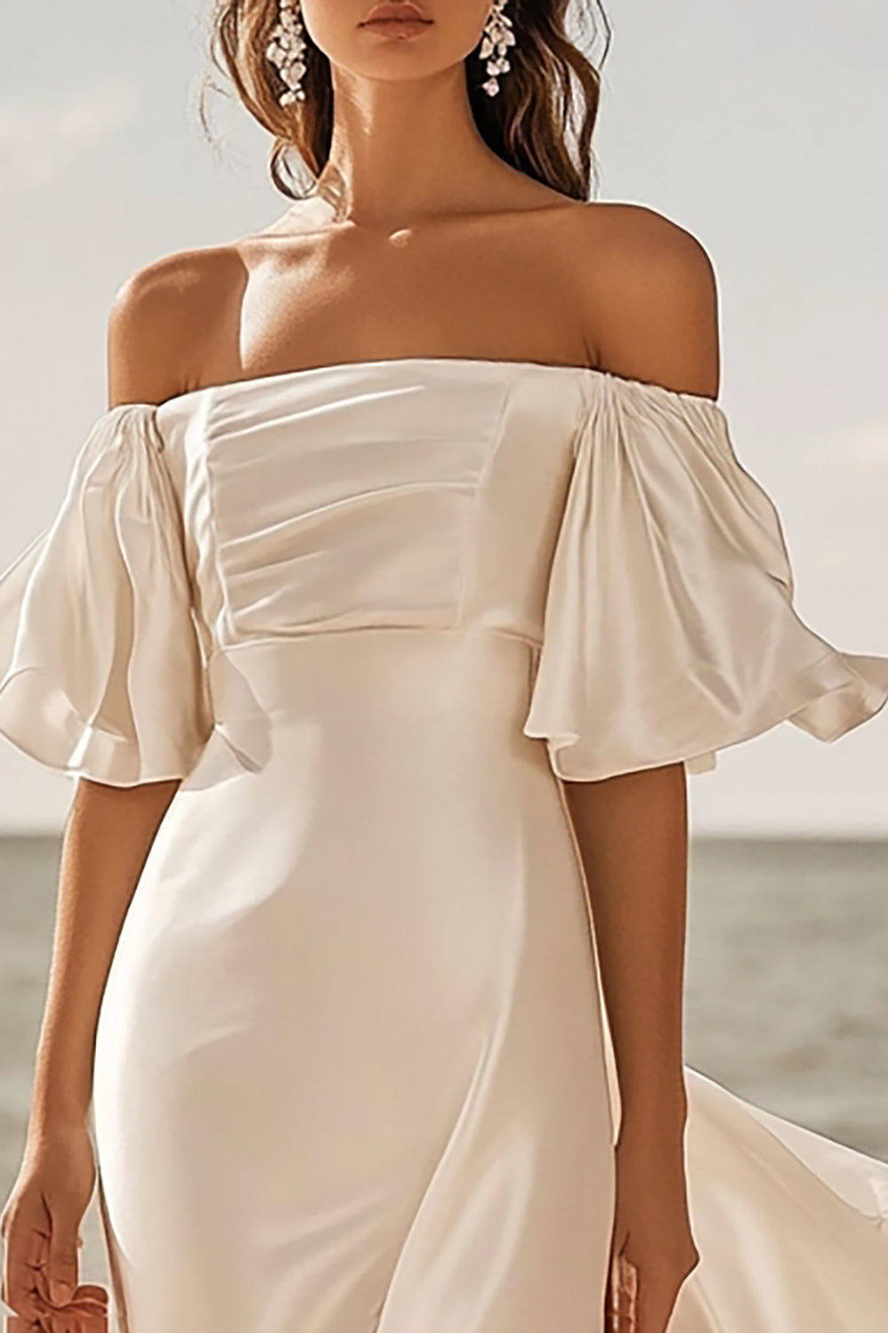 Ivory Satin Sweep Train Off the Shoulder Flutter Sleeves Boho Wedding Dress