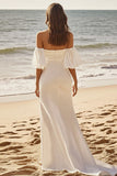 Ivory Satin Sweep Train Off the Shoulder Flutter Sleeves Boho Wedding Dress