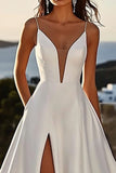 Ivory Satin Sweep Train Spaghetti Straps A Line Wedding Dress with Slit