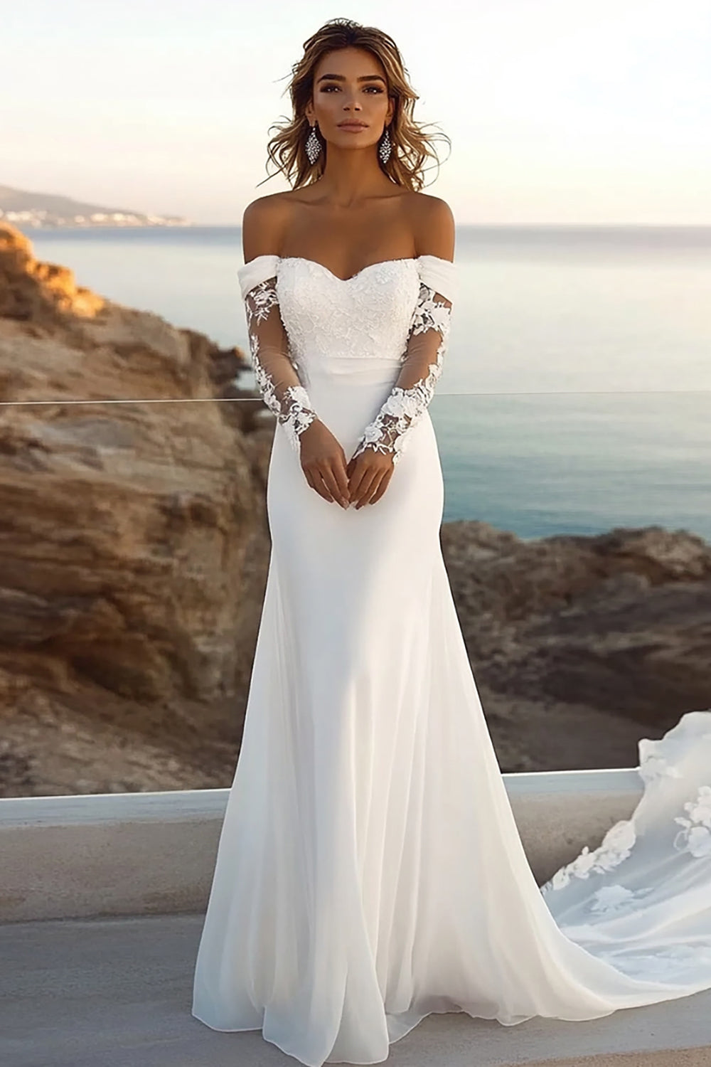 Ivory Chiffon Sweep Train Mermaid Off the Shoulder Boho Wedding Dress with Lace