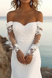 Ivory Chiffon Sweep Train Mermaid Off the Shoulder Boho Wedding Dress with Lace