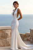 Simple Ivory Satin Sweep Train Mermaid Halter Wedding Dress