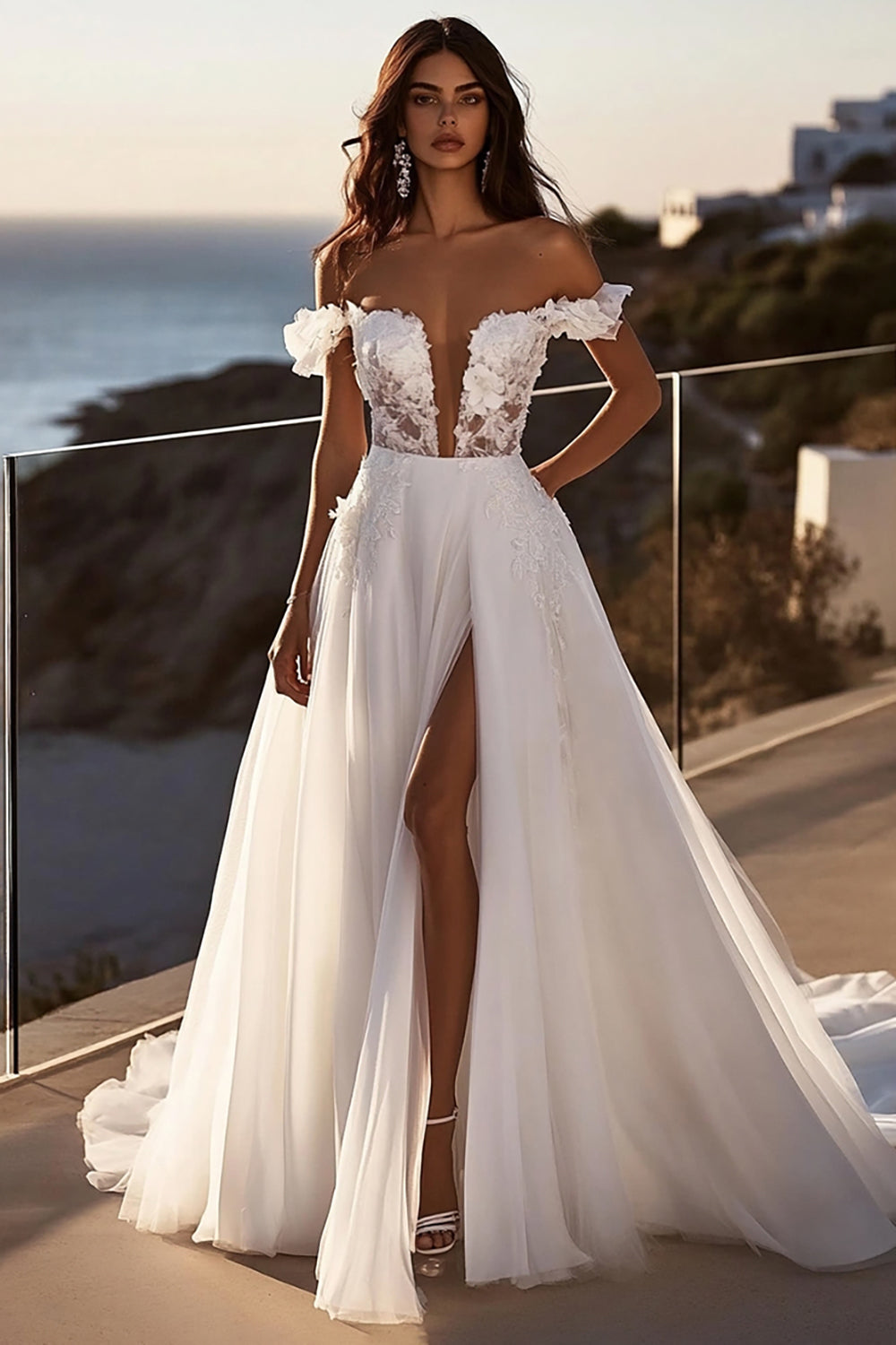 Ivory Sweep Train Off the Shoulder A Line Wedding Dress with slit