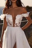 Ivory Sweep Train Off the Shoulder A Line Wedding Dress with slit