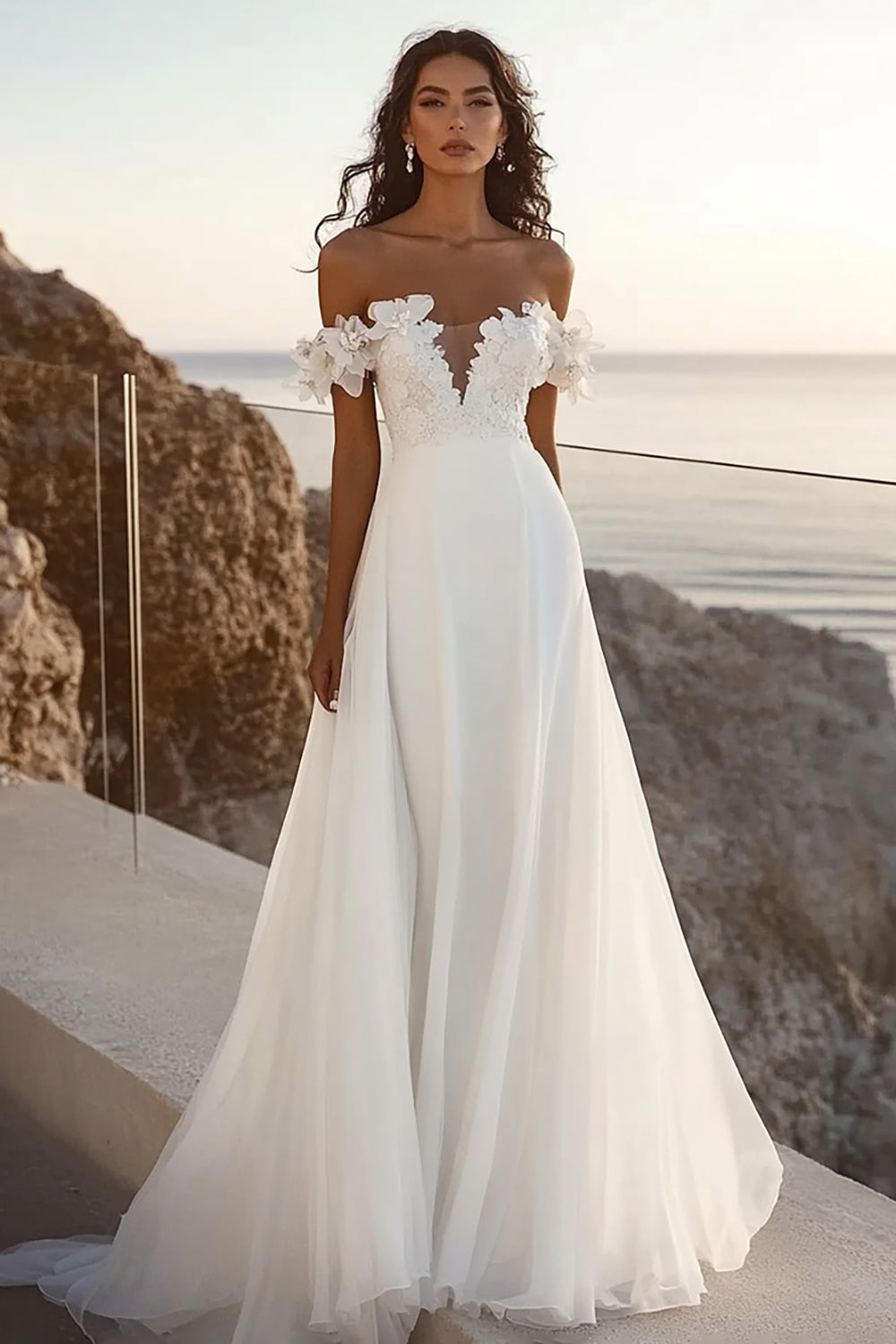 Ivory Chiffon Sweep Train Off the Shoulder Boho Wedding Dress with Flowers