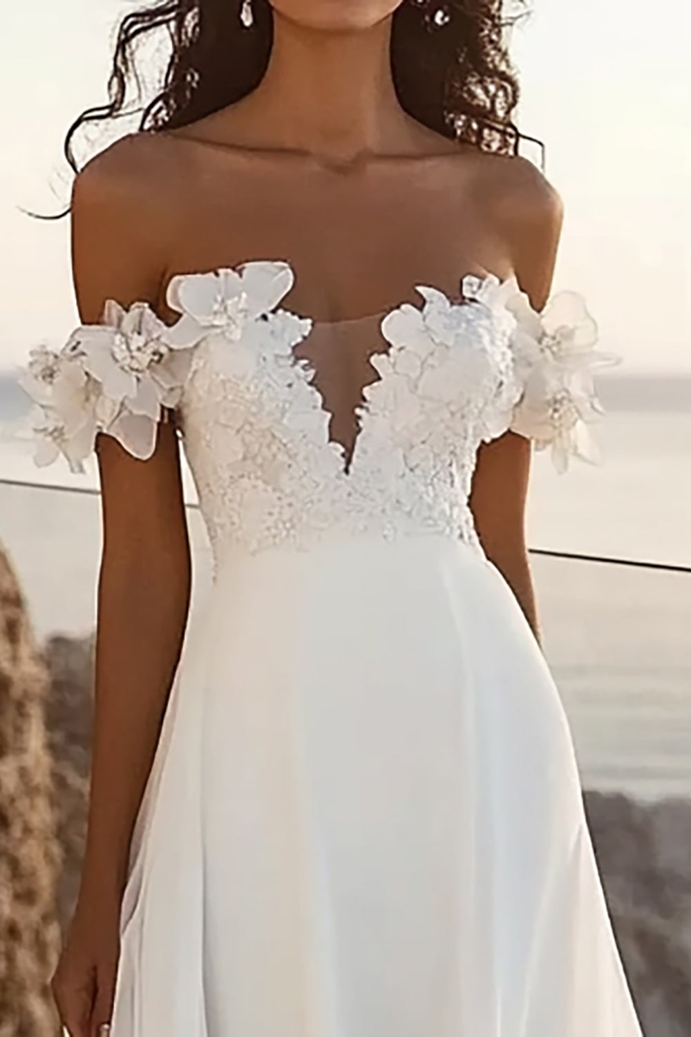 Ivory Chiffon Sweep Train Off the Shoulder Boho Wedding Dress with Flowers