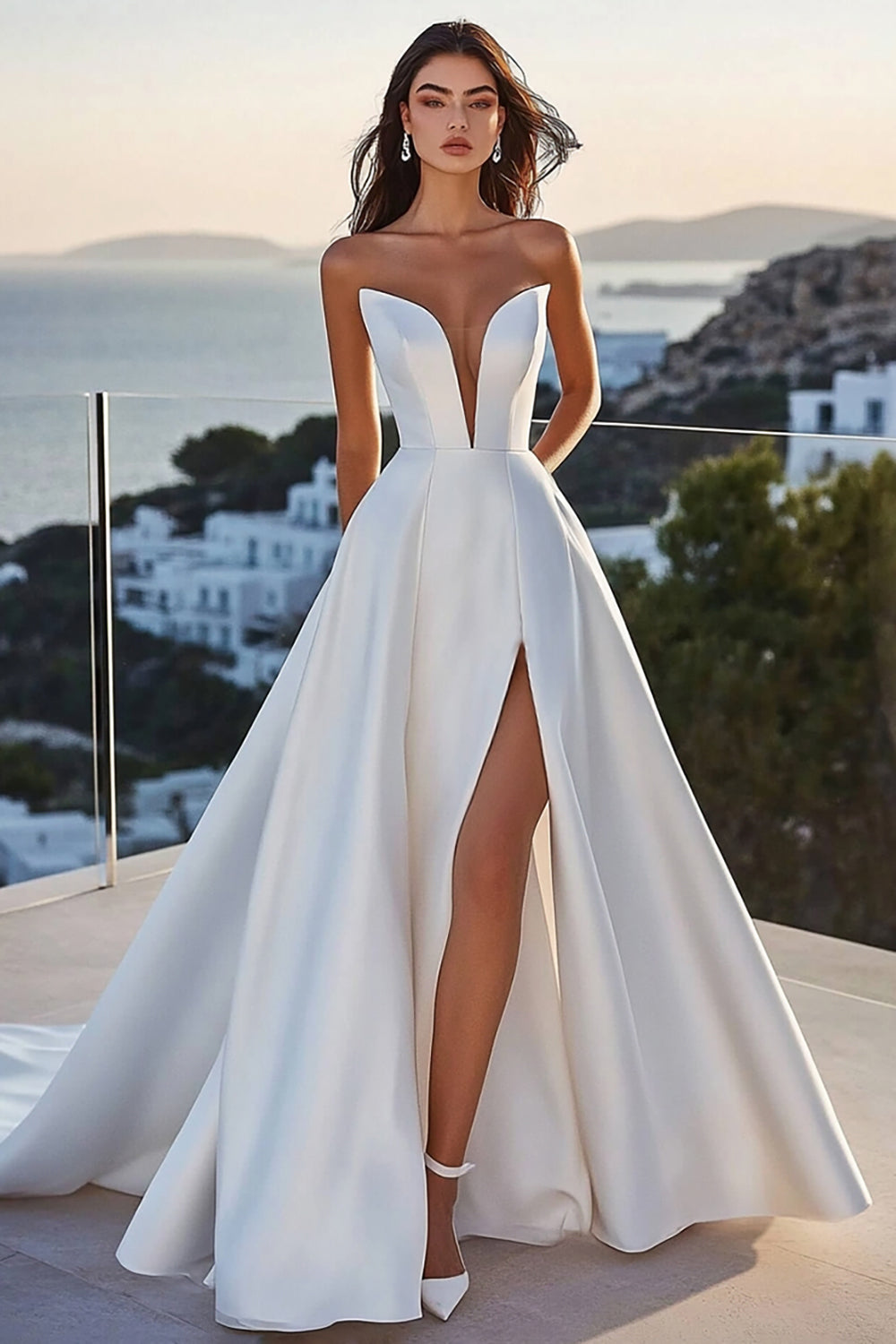Simple Ivory Satin Sweep Train Ball Gown Strapless Wedding Dress with Slit