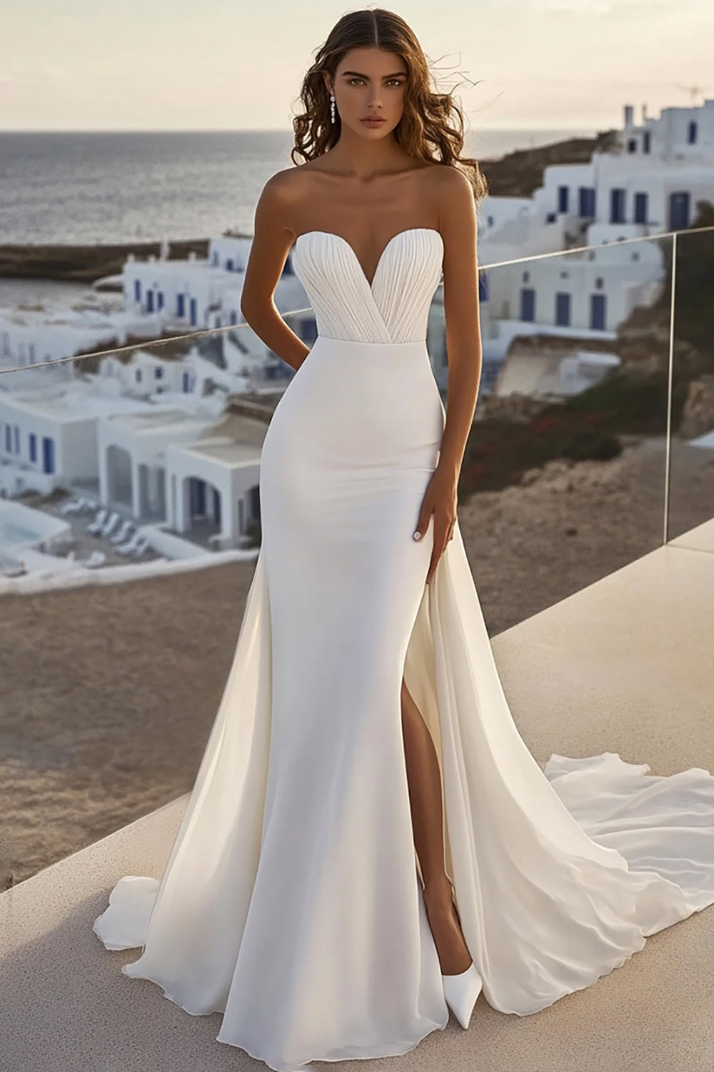 Ivory Chiffon Sweep Train Strapless Mermaid Wedding Dress With Slit