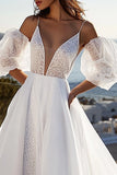 Ivory Sweep Train Spaghetti Straps A Line Wedding Dress with Puff Sleeves