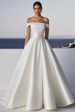 Ivory Satin Ruched Sweep Train Ball Gown Boho Wedding Dress