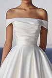 Ivory Satin Ruched Sweep Train Ball Gown Boho Wedding Dress