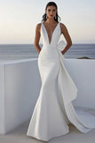 Ivory Satin V Neck Sweep Train Mermaid Boho Wedding Dress