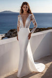 Ivory Mermaid V Neck Sweep Train Long Sleeves Boho Wedding Dress with Lace