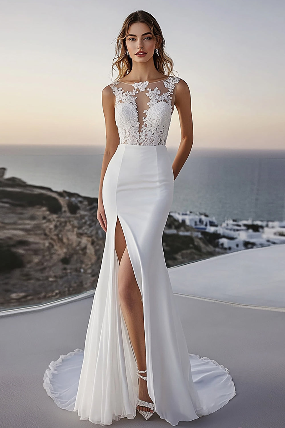 Ivory Chiffon Bateau Sweep Train Mermaid Boho Wedding Dress with Slit