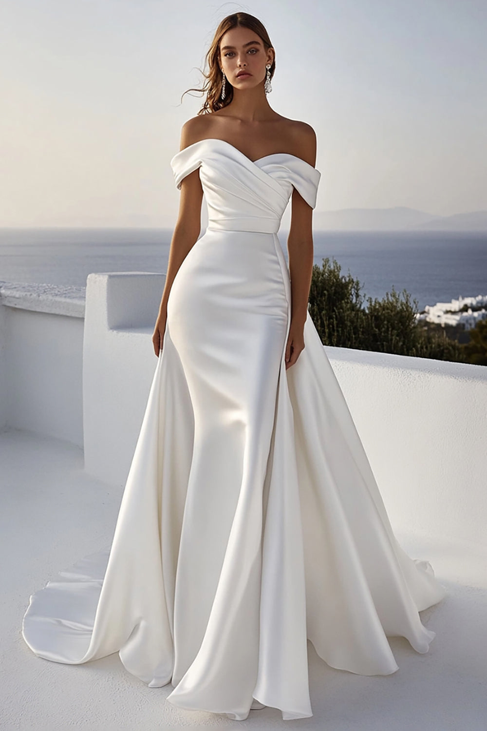 Ivory Satin Ruched Sweep Train Off The Shoulder Mermaid Wedding Dress