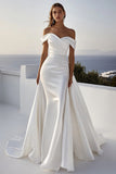 Ivory Satin Ruched Sweep Train Off The Shoulder Mermaid Wedding Dress