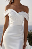 Ivory Satin Ruched Sweep Train Off The Shoulder Mermaid Wedding Dress