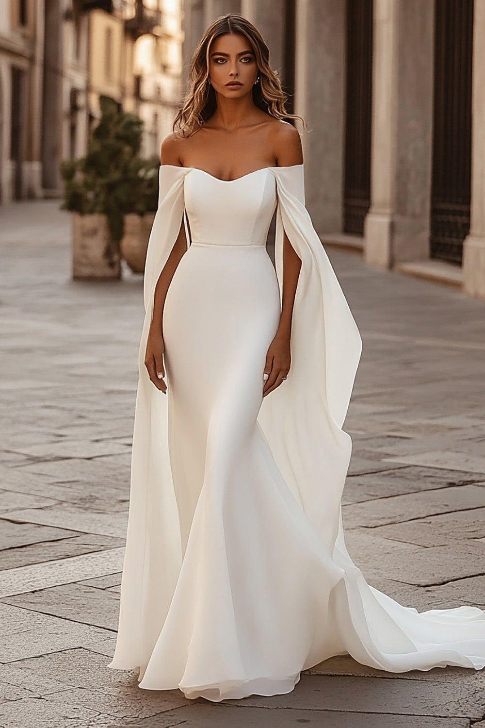 Ivory Off The Shoulder Sweep Train Mermaid Wedding Dress with Cape