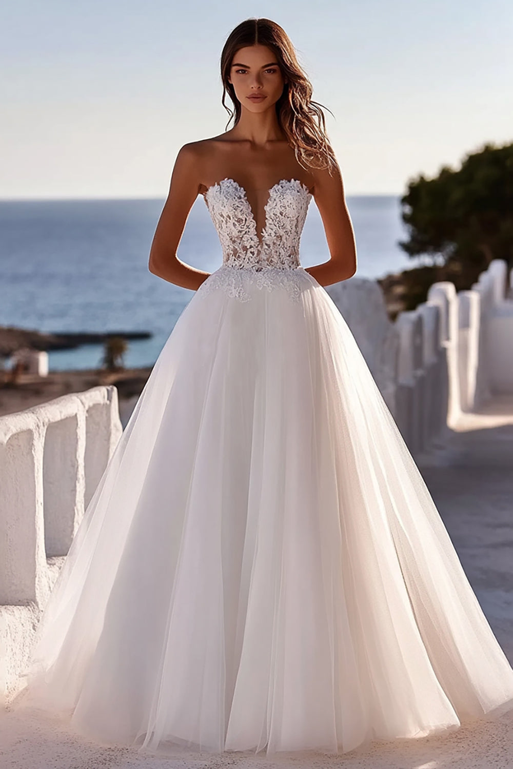 Ivory Sweetheart Floor-Length A Line Wedding Dress with Lace