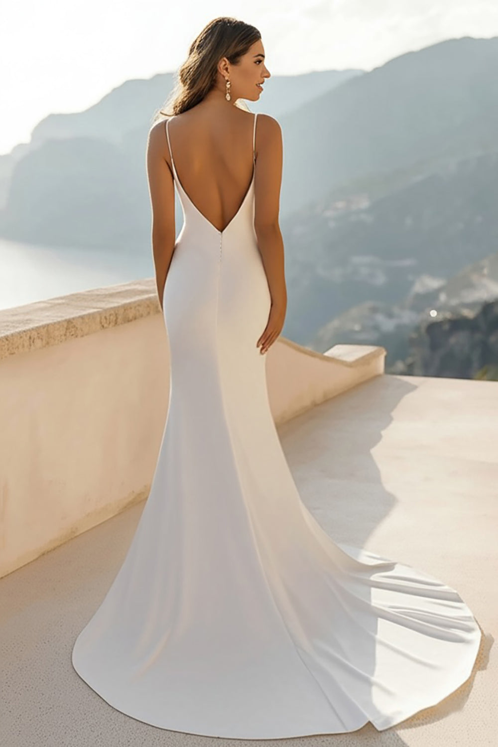 Ivory Satin Deep V Neck Sweep Train Mermaid Boho Wedding Dress
