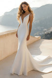 Ivory Satin Deep V Neck Sweep Train Mermaid Boho Wedding Dress