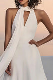 Ivory Satin V Neck Sweep Train A Line Boho Wedding Dress with Sash
